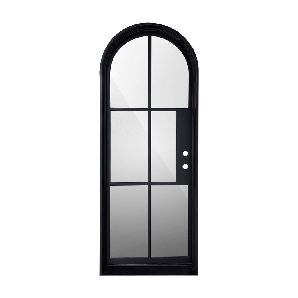 Single Door, Iron, Matte Black, 6 Lite, Half Round Arch, Low E, Tempered Glass, Polyurethane Foam Insulated, 6 Inch Jambs, Clear Glass, Full View