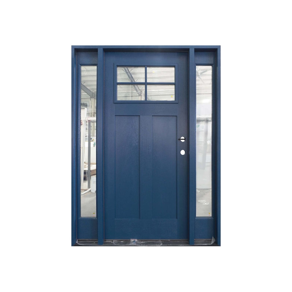 Clear Glass, Navy Blue, Wood Grain Texture, 4 Lite Craftsman Style, Single Door with Side Lights, Blue Frame, CAD