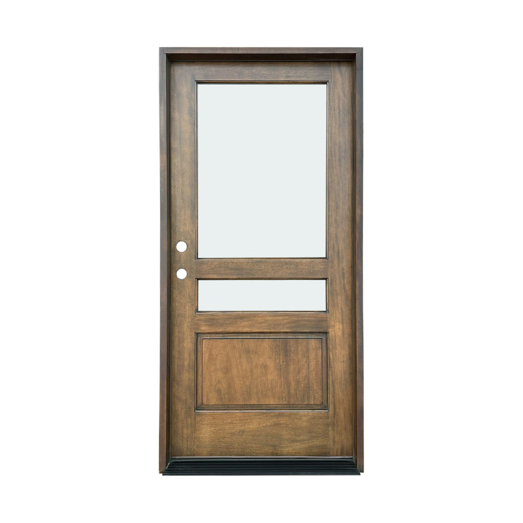 Prefinished Single Door, Mahogany Wood Door and Frame, Beveled Glass, 2 Lite over Single Panel, Low E, Smoke Grey, 4 inch Jamb