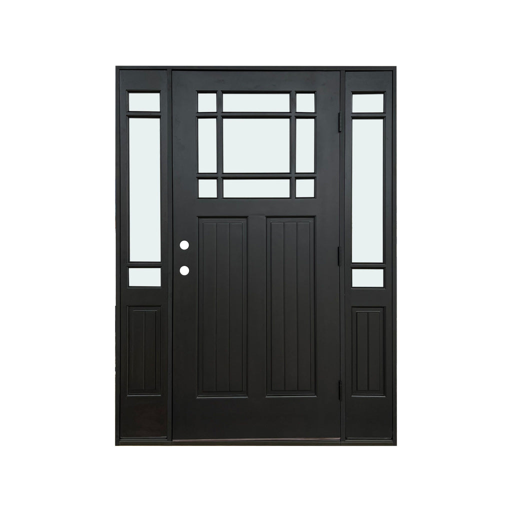 Prefinished Mahogany Craftsman Wood Door, Stained Dark, Low E, Beveled Glass, Side Lights, 9 Lite over 2 Panel, 4 inch Jamb