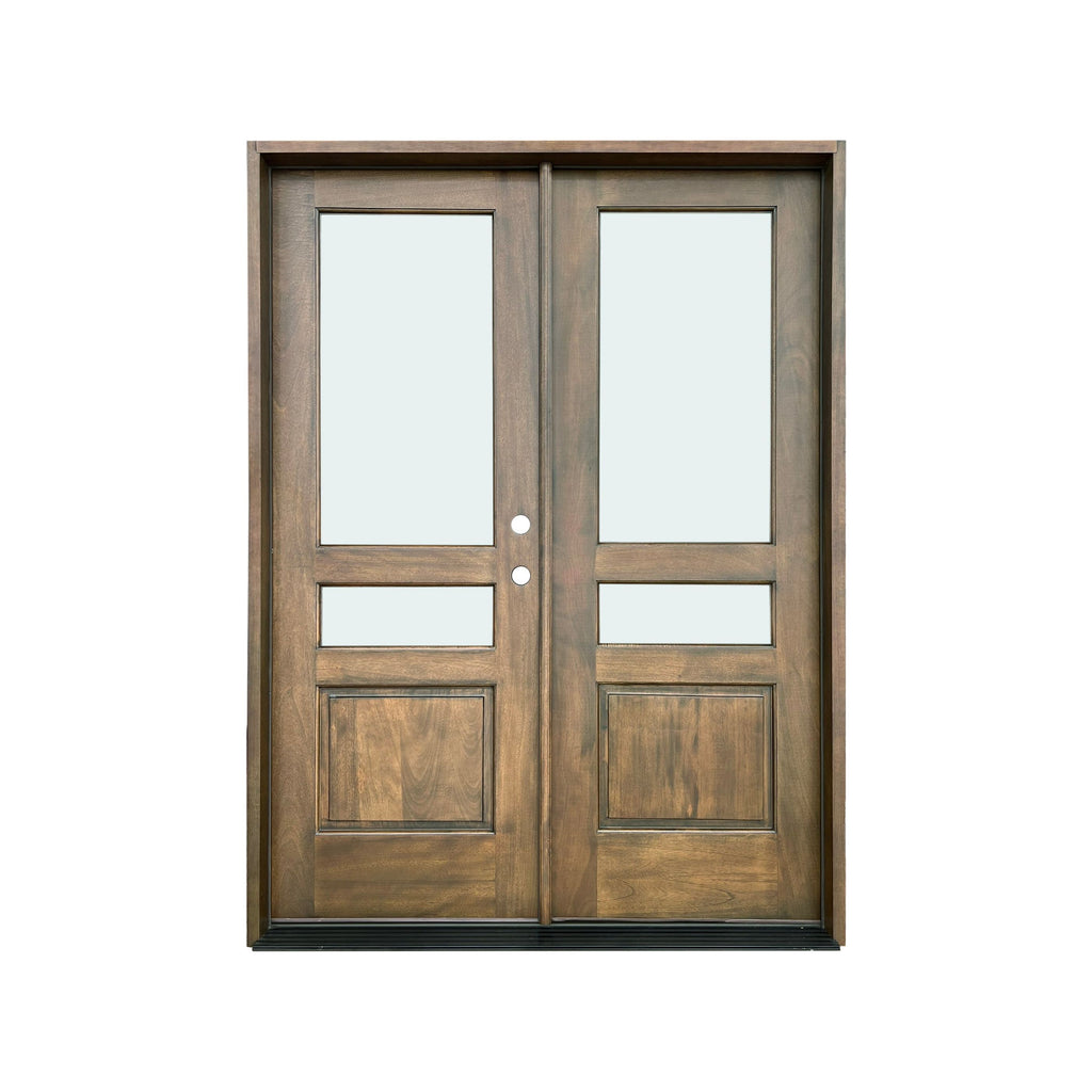 Prefinished Mahogany Wood Door with Frame, Double door, Beveled Glass, Low E, 2 Lite over 2 Panels, 4 inch Jamb