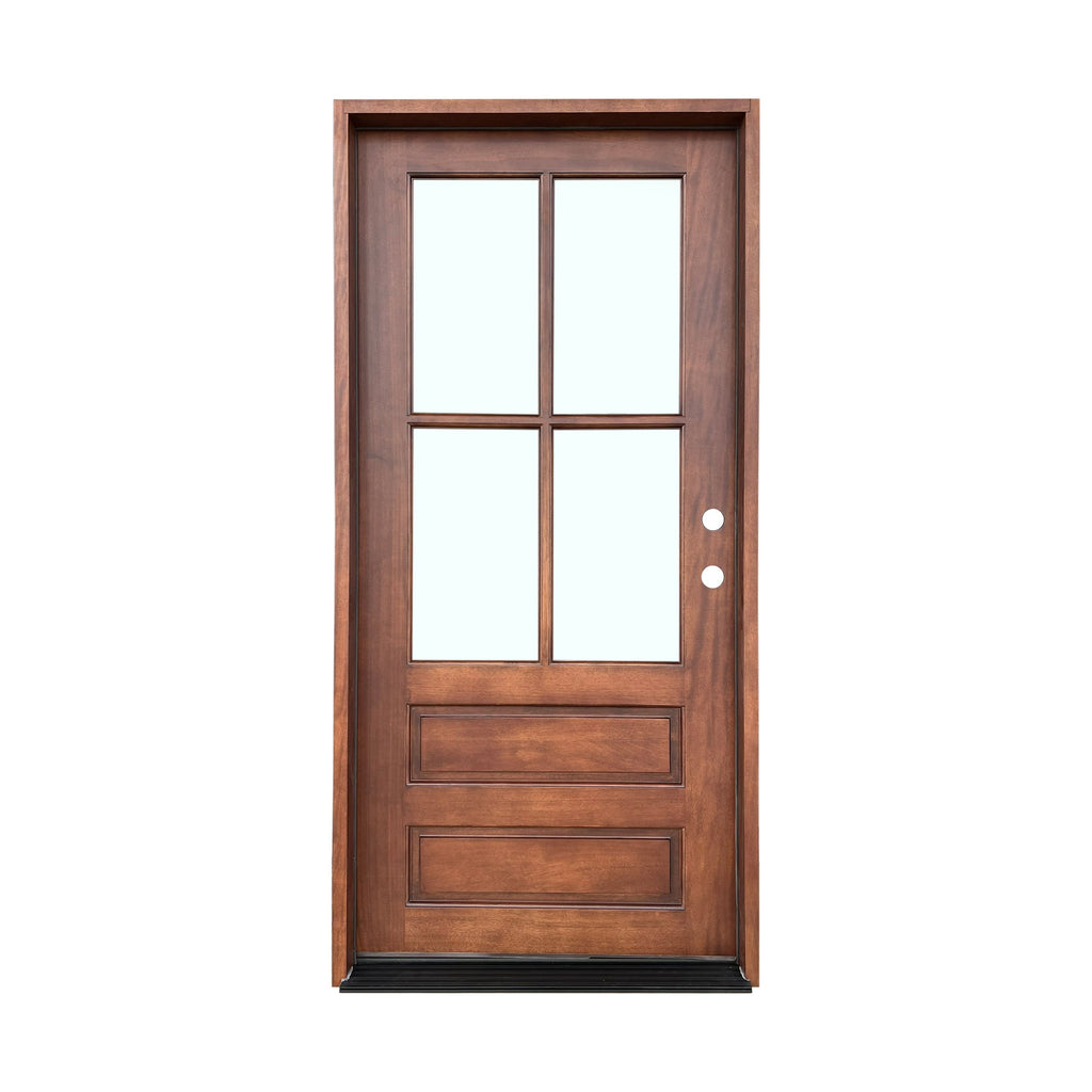 Mahogany Wood Door with Frame, Beveled Glass, Single Door, 4 Lite Over 2 Panel, 4 inch Jamb, Prefinished