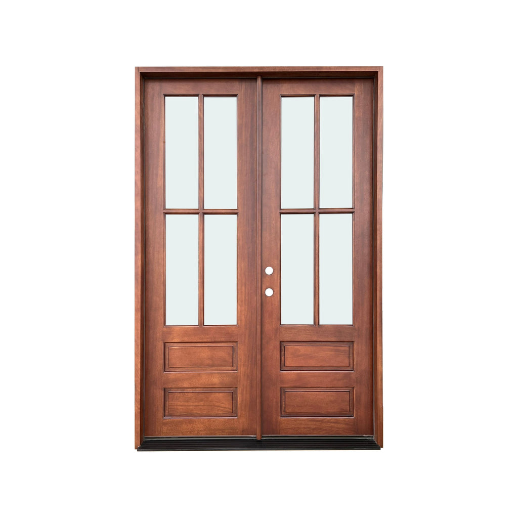 Double Door, Beveled Glass, 4 Lite over 2 Panels, Prefinished, Mahogany Wood Door and Frame, 4 Inch Jamb