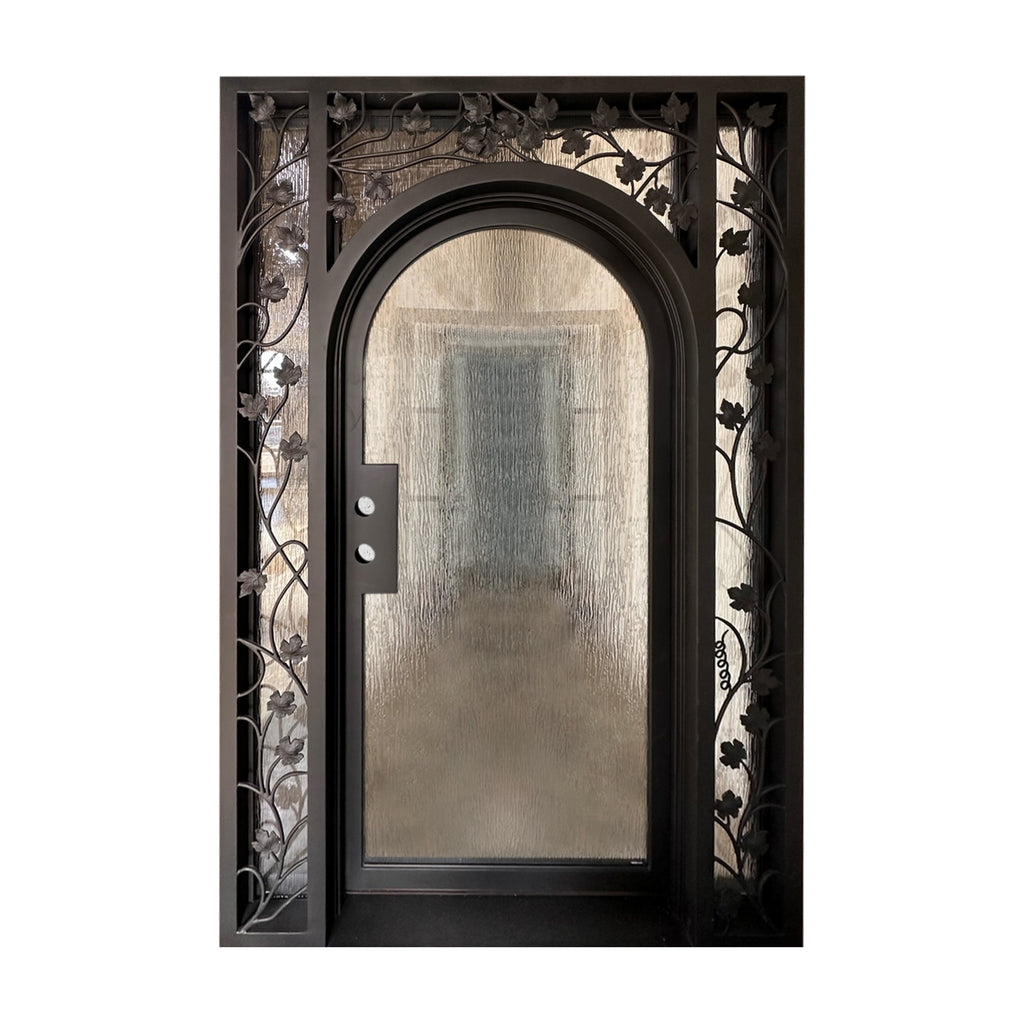 Single Iron Door, Side Lights, Rain Glass, Leafy Ornate Design, Low E, Double Pane, Matte Black Door and Frame