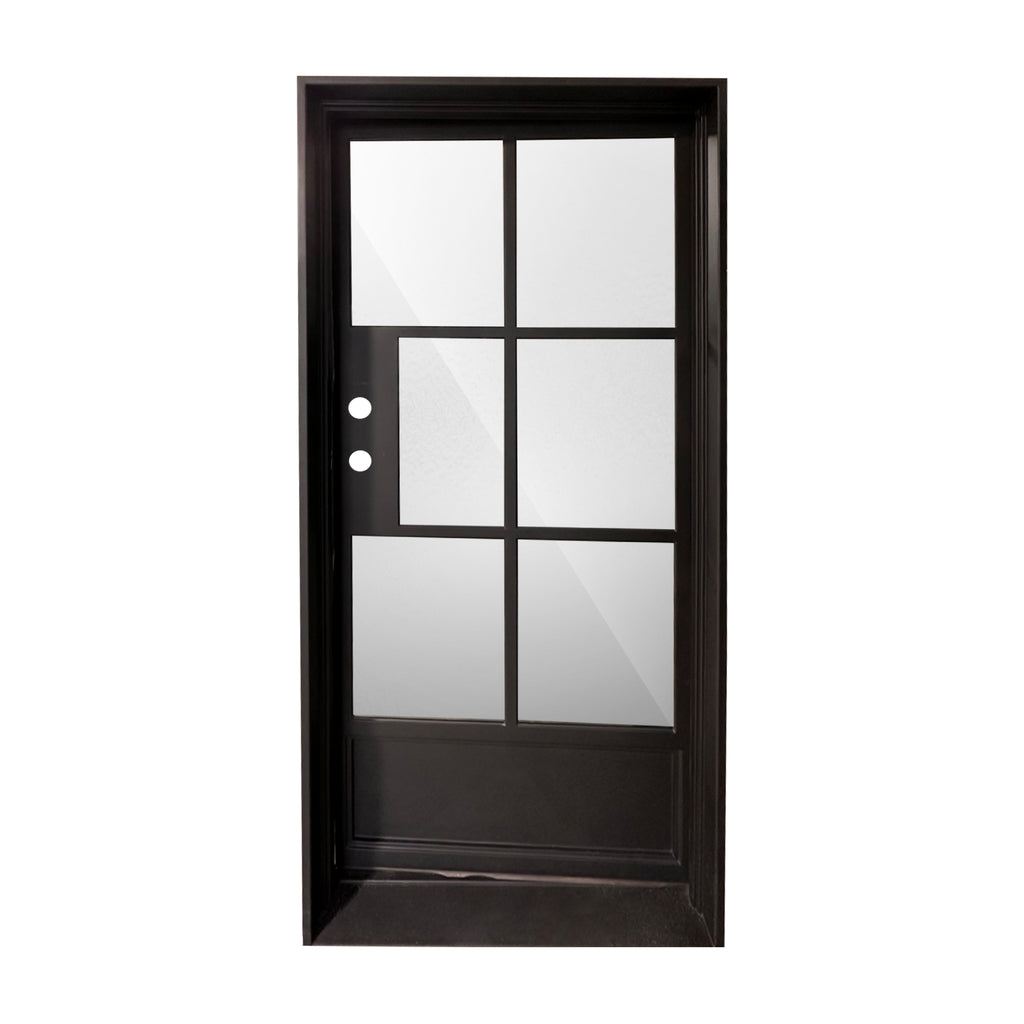 Single Exterior Iron Door, 6 Lite over single Panel, 6 inch Jamb, Matte Black Door and Frame, Clear, Low E Glass 