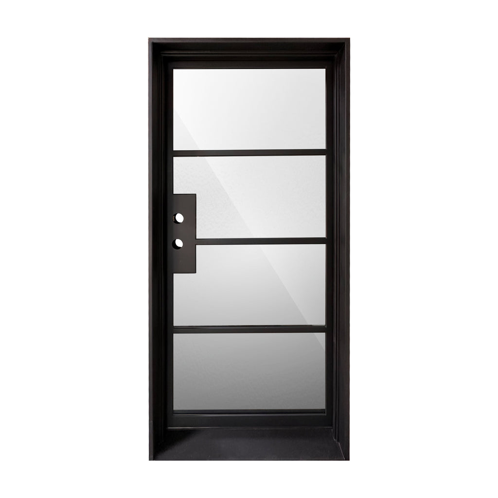 Exterior Iron Door, Single, 4 Lite, Clear, Low E Glass, 6 inch Jamb, Matte Black Finish Door and Frame