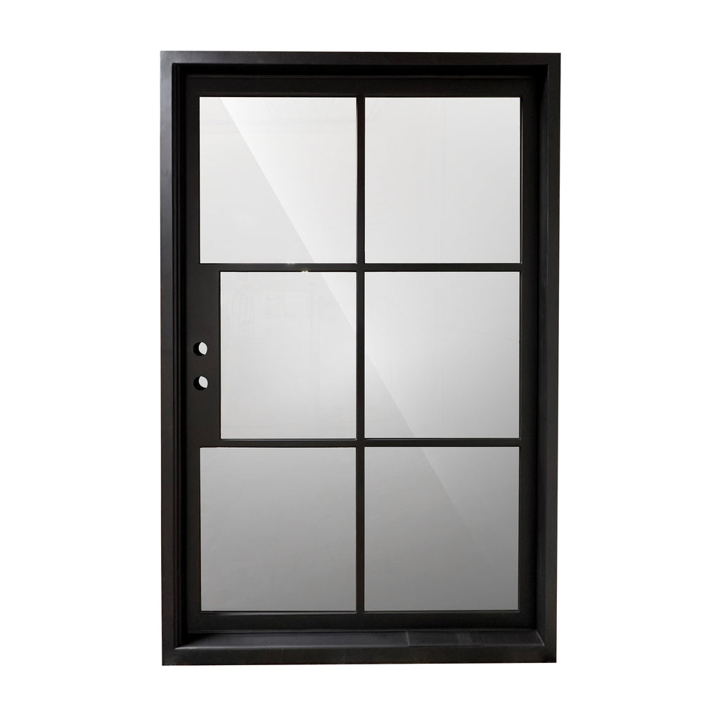 Exterior Iron Door, Full View, Single Door, 8 Lite, Matte Black Door and Frame, 6 inch Jamb, Low E Glass, Pivot Door Swing