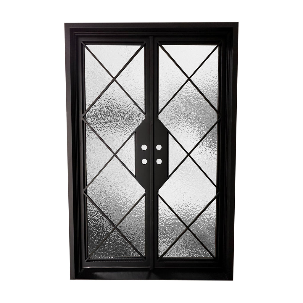 Double Door, Exterior iron, Criss Cross Iron Design, Full View, Flemish, Low E Glass, Matte Black Door and Frame, 6 inch Jamb