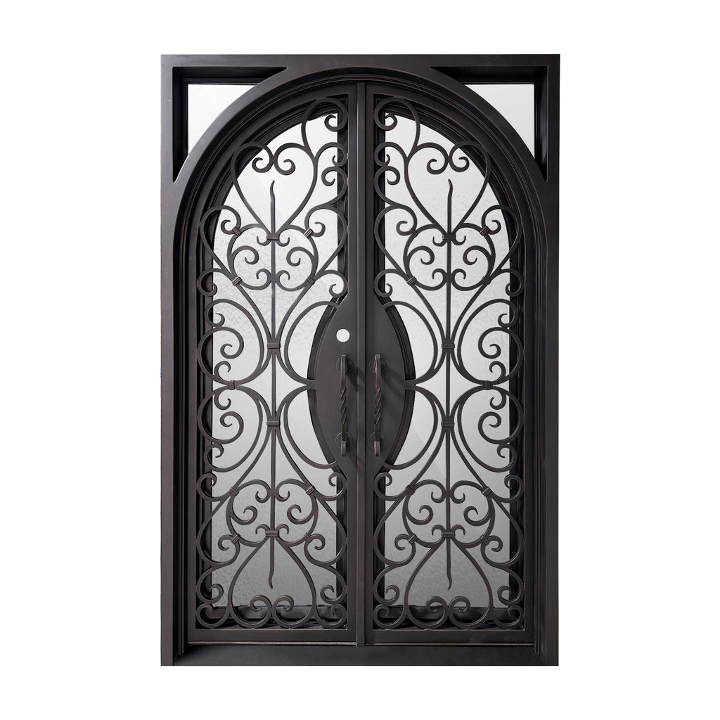 Double Exterior Iron Door, Operable Glass, Arch Door with Square Frame, Ornate Iron Design, Oil Rubbed Bronze, Low E, Clear Glass, 6 inch Jamb, Full View