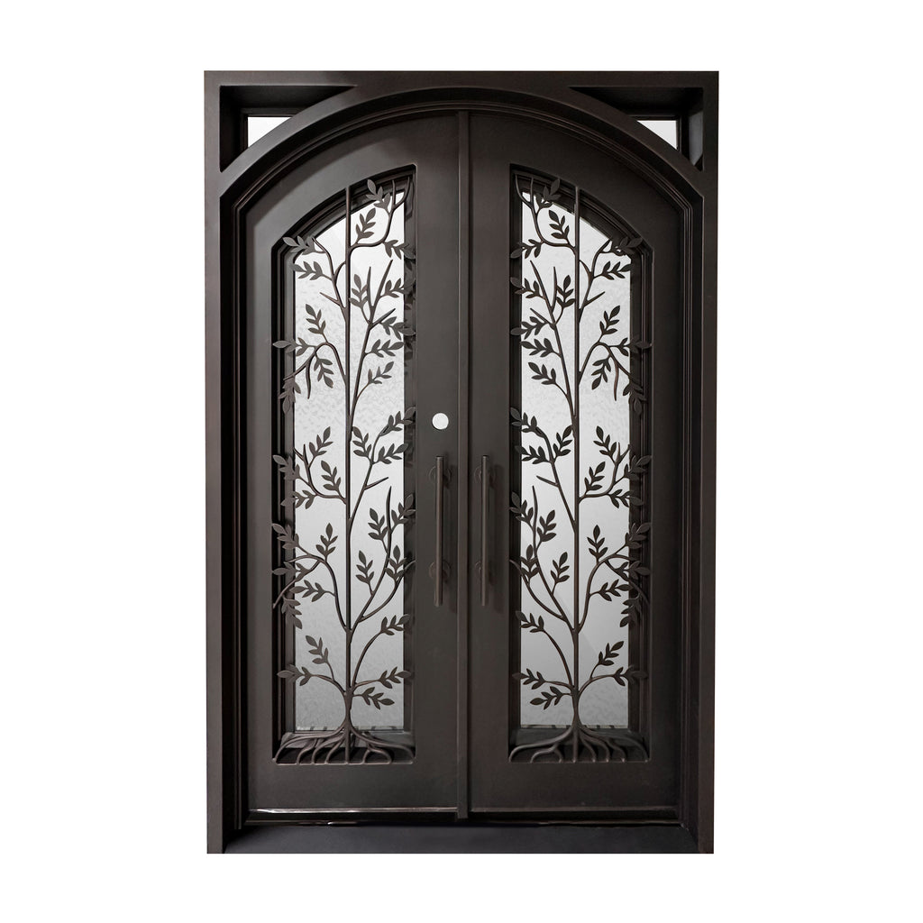 Exterior Iron Door and Frame, Iron on Outside, Operable Glass, Oil Rubbed Bronze, Polyurethane Foam Insulated, with Iron Handles, Double Door Arch with Square Frame, Tempered Glass, 6 inch Jambs, Leafy Tree Design with Iron