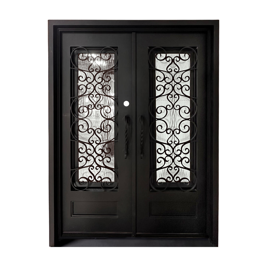 Double Exterior Iron Door, Ornate Iron Design, One Lite over Single Panel, Matte Black Door and Frame and Handles, Flemish and Low E Glass, 6 inch Jamb