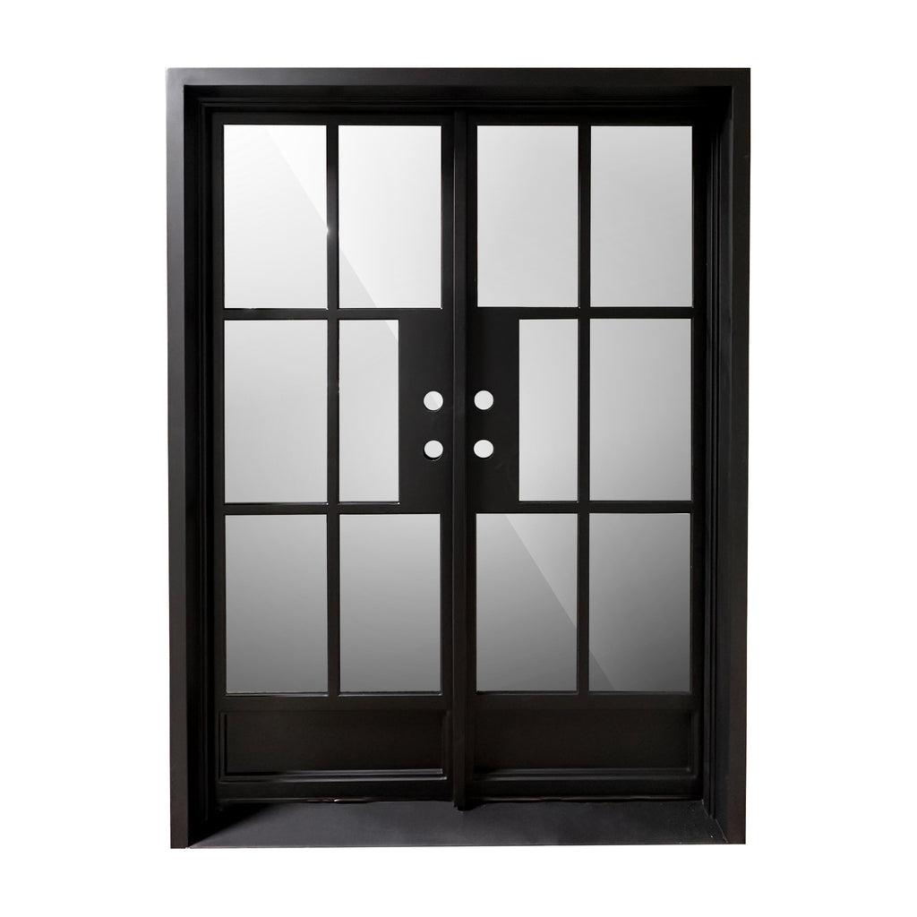 Exterior iron Door, 8 Lite over Single Panel, Double Door, Matte Black Finish, 6 inch Jamb, Clear, Low E Glass