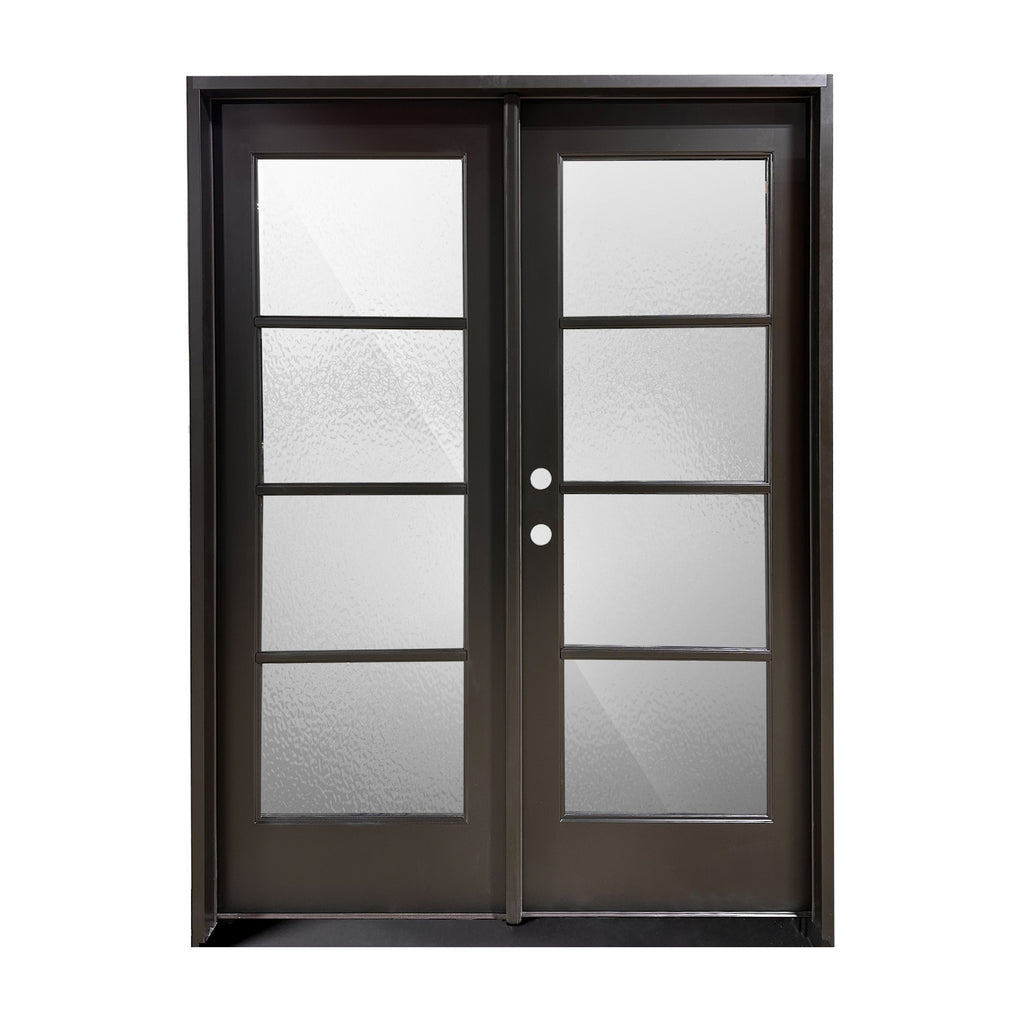 Vertical, 4 Lite Double Door, Clear or Rain Glass, 4 inch Jamb, Fiberglass Door with Frame, Full View