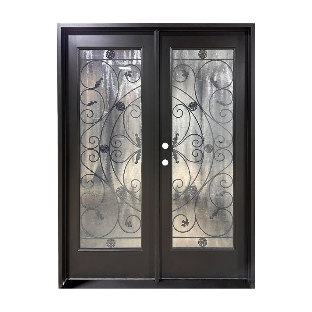 Double Door with Privacy Glass, Double Pane, Iron in Between Glass, Low E, Tempered Glass, Black Frame and Door, Exterior Door