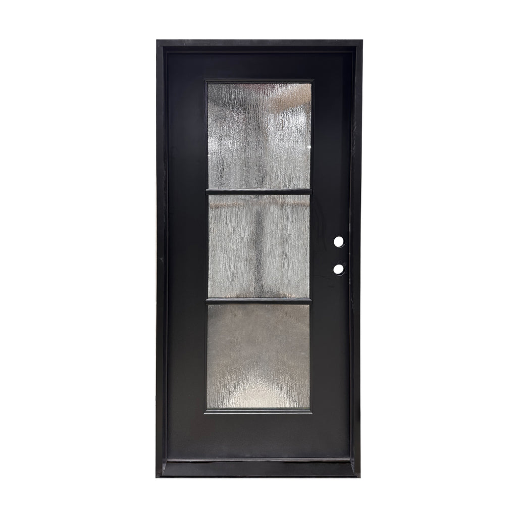 Single Fiberglass Door, 3 Lite, Clear, Low E Glass, Rain Glass, 4 inch Jamb, Full View, Blurry View through Glass