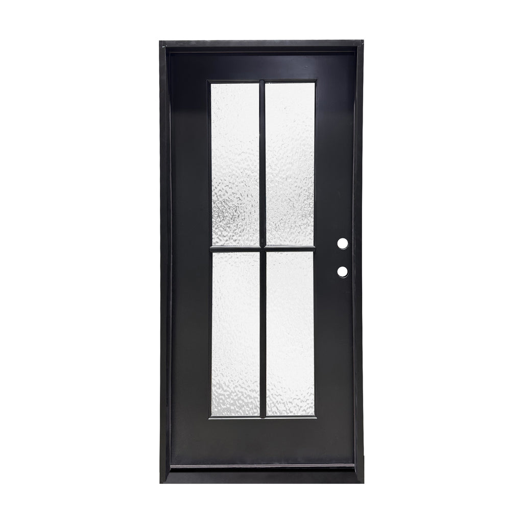 Privacy Waterglass, Low E, Tempered Glass, Four Lite, Single Door, Black Frame, Black Door, Fiberglass