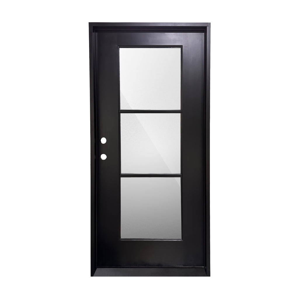 Single Fiberglass Door, 3 Lite, Clear, Low E Glass, Rain Glass, 4 inch Jamb, Full View, Black Door and Frame