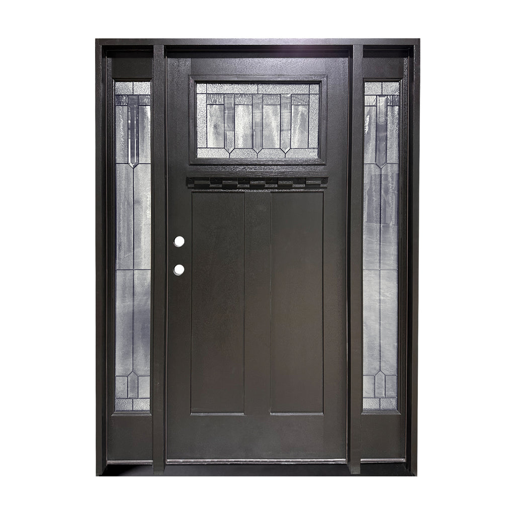 Single Craftsman Style Door, Beveled and Distorted Glass, Painted, Textured Black Door and Frame, Dental Shelf, Side Lights, 4 inch Jambs