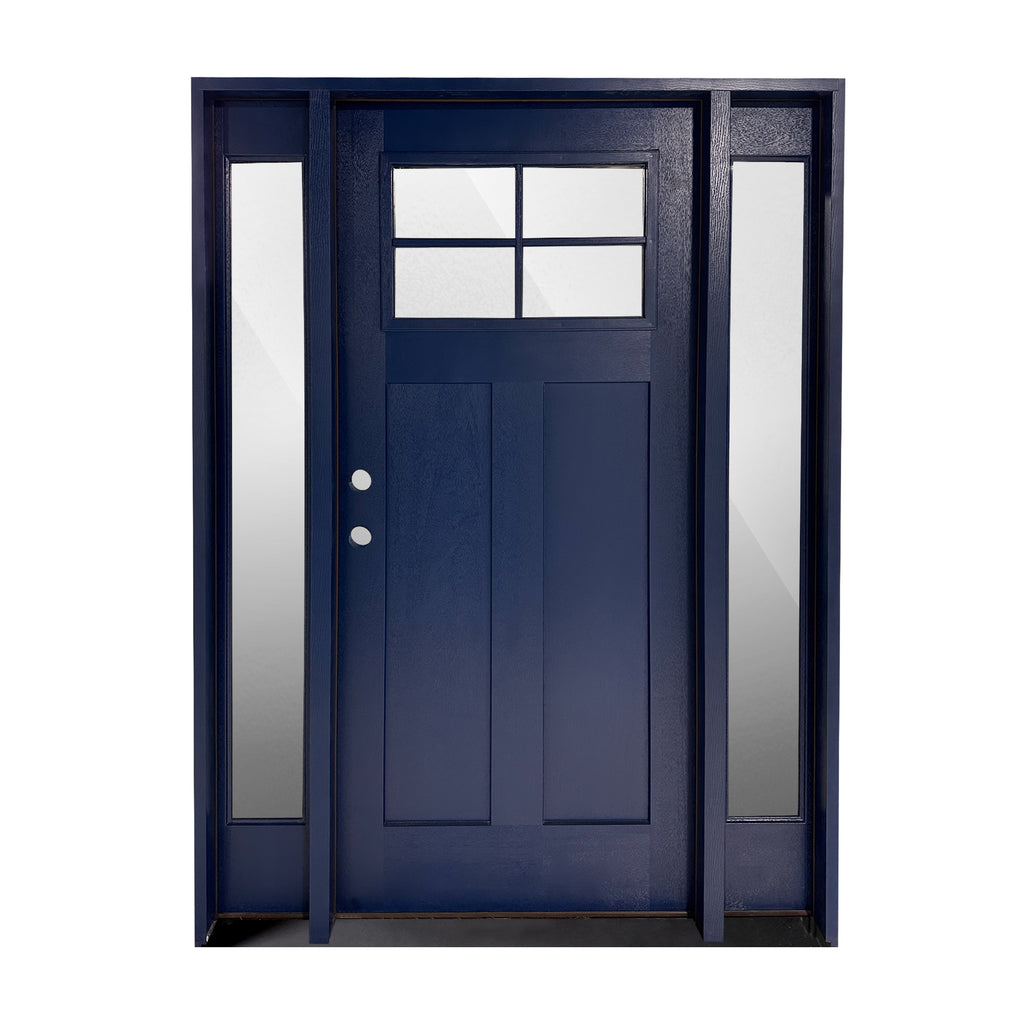 Clear Glass, Navy Blue, Wood Grain Texture, 4 Lite Craftsman Style, Single Door with Side Lights, Blue Frame, 4 Inch Jamb, Low E, Tempered Glass