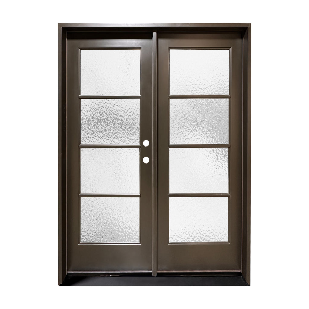 Vertical, 4 Lite Double Door, Clear or Rain Glass, 4 inch Jamb, Fiberglass Door with Frame, Full View