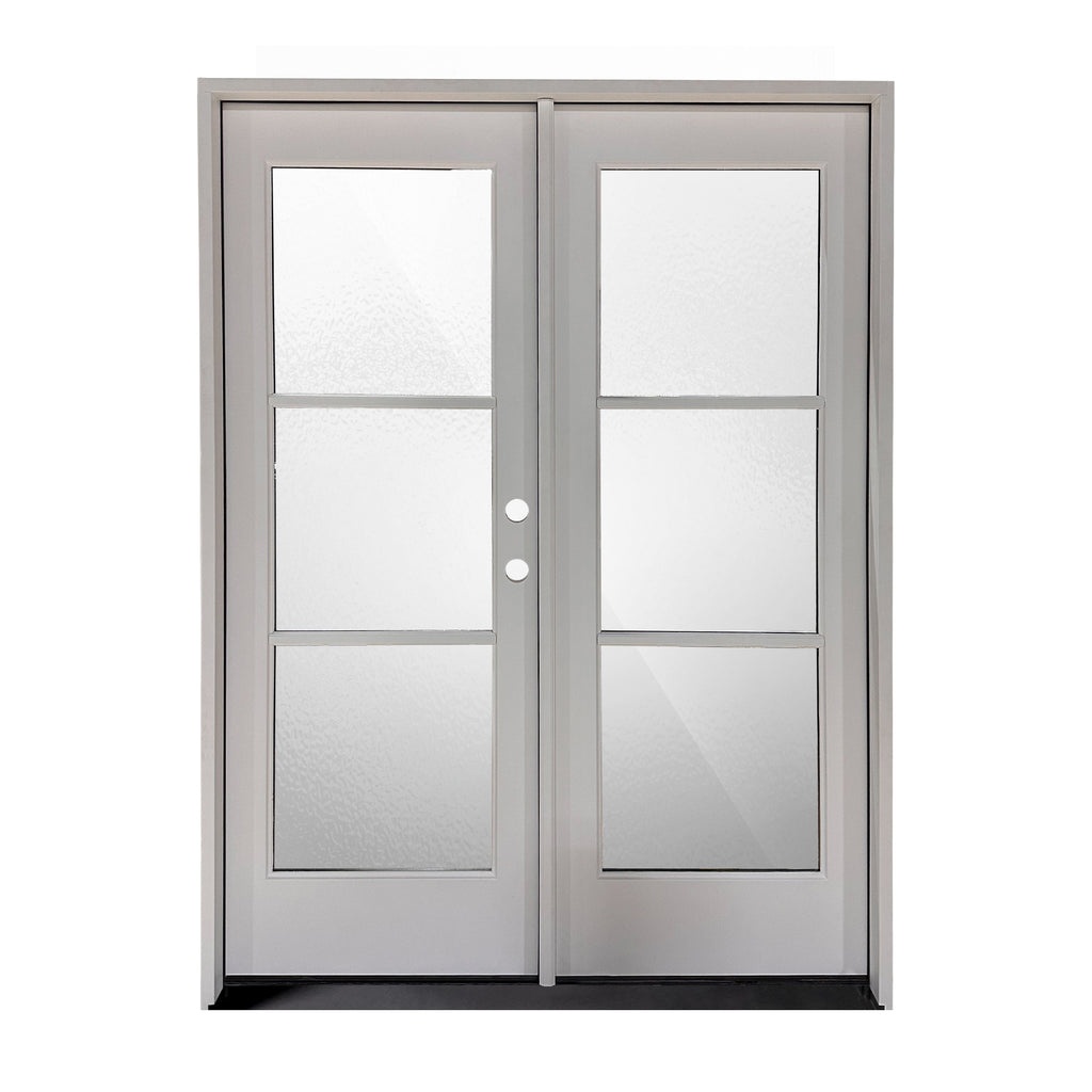 3 Lite Fiberglass Double Door, White Door and Frame, Painted White, Clear, Low E, Glass, 4 inch Jamb, Full View