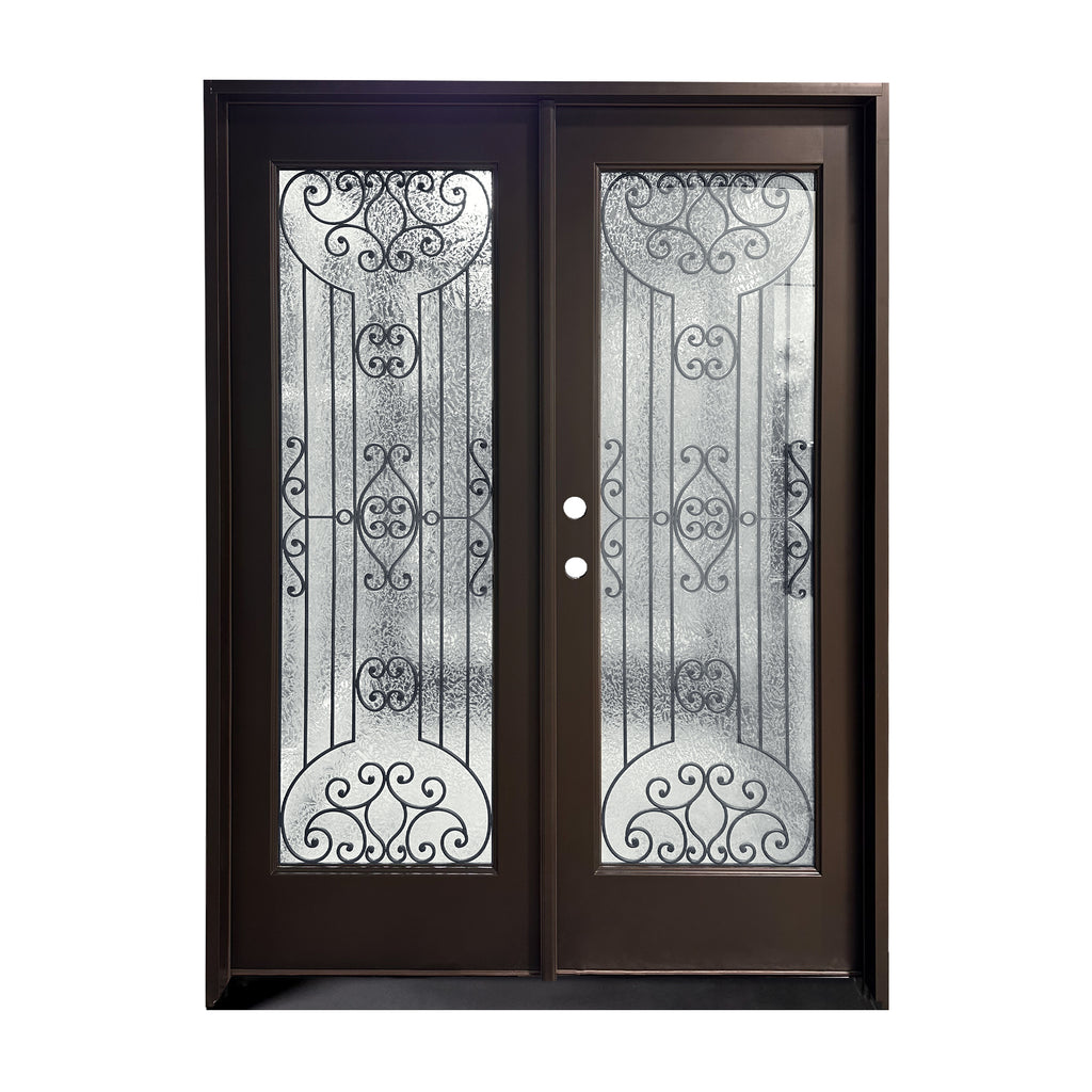 Fiberglass Exterior Double Door, Iron and Glue Chip Privacy Glass, Painted Black Door and Frame, Ornate Iron Pattern In Between Glass, 4 Inch Jamb, Full View