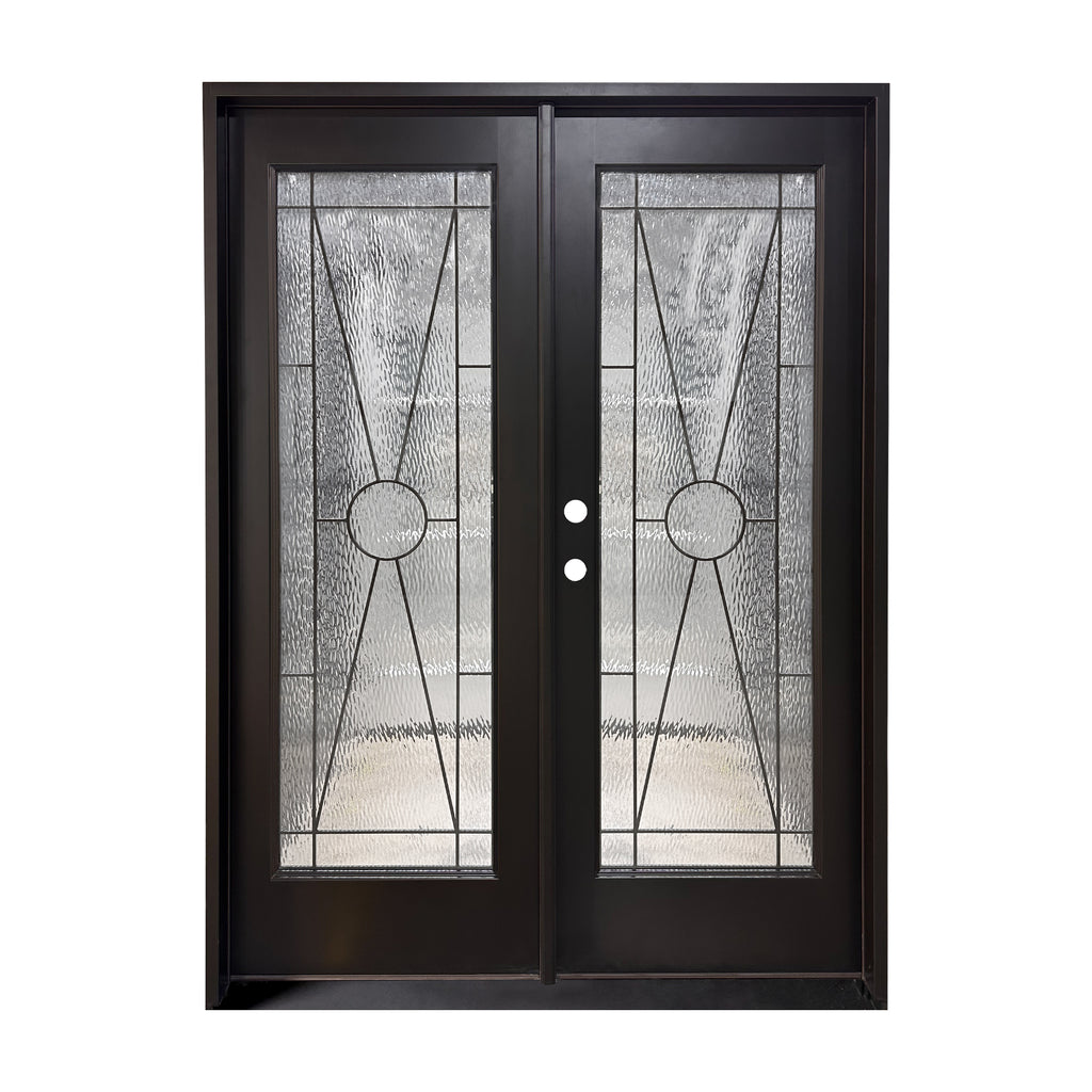 Waterglass Privacy, Double Door, Black Door, Black Frame, Iron in between Glass, Low E, Tempered Glass