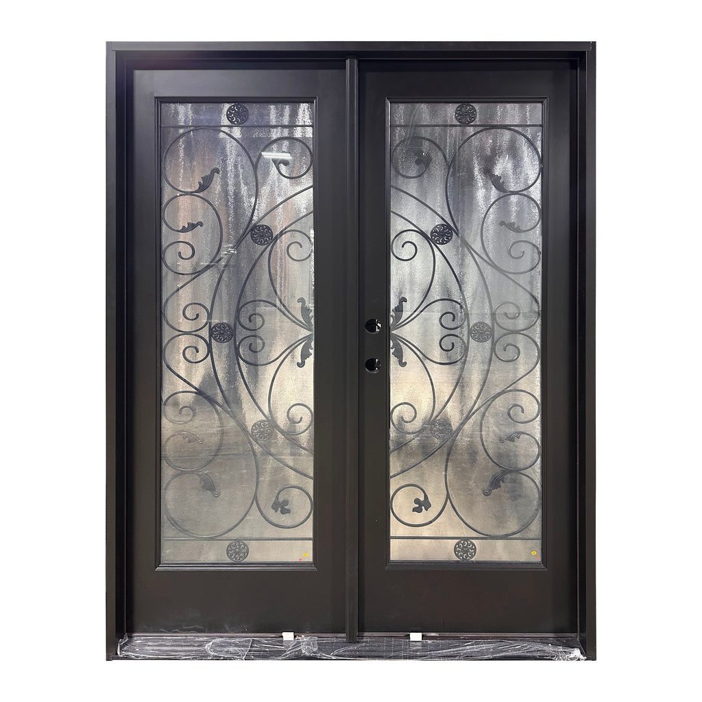 Double Door with Privacy Glass, Double Pane, Iron in Between Glass, Low E, Tempered Glass, Black Frame and Door, Full View