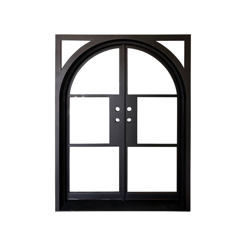 Exterior iron door, 6 Lite, Arch Door with Rectangle Frame, Oil Rubbed Bronze Finish, Clear Low E Glass, 6 inch Jamb