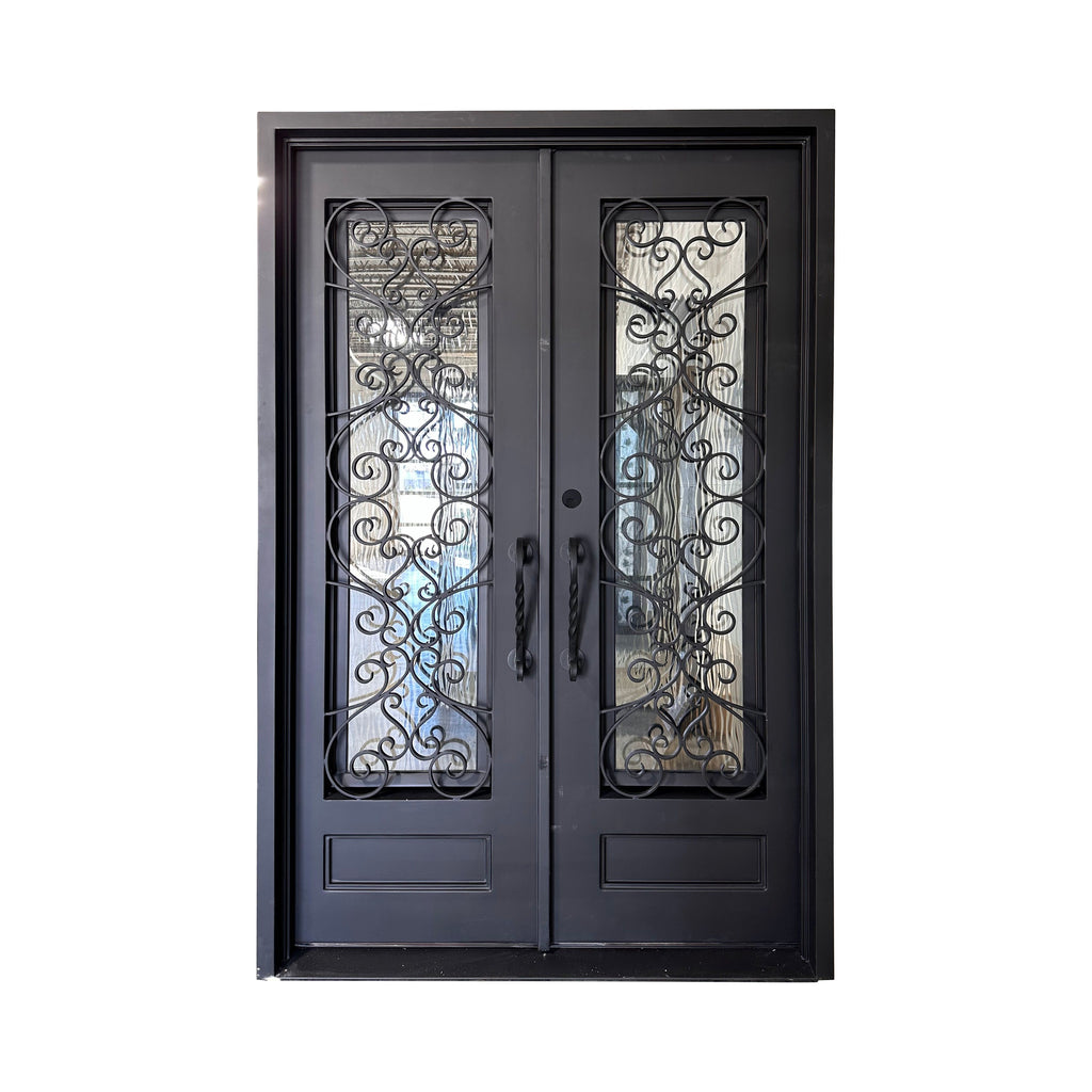 Double Exterior Iron Door, Ornate Iron Design, One Lite over Single Panel, Matte Black Door and Frame and Handles, Flemish and Low E Glass, 6 inch Jamb