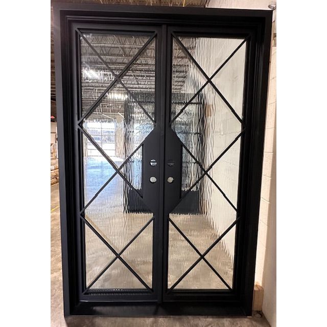 Double Door, Exterior iron, Criss Cross Iron Design, Full View, Flemish, Low E Glass, Matte Black Door and Frame, 6 inch Jamb, Distorted View through Glass