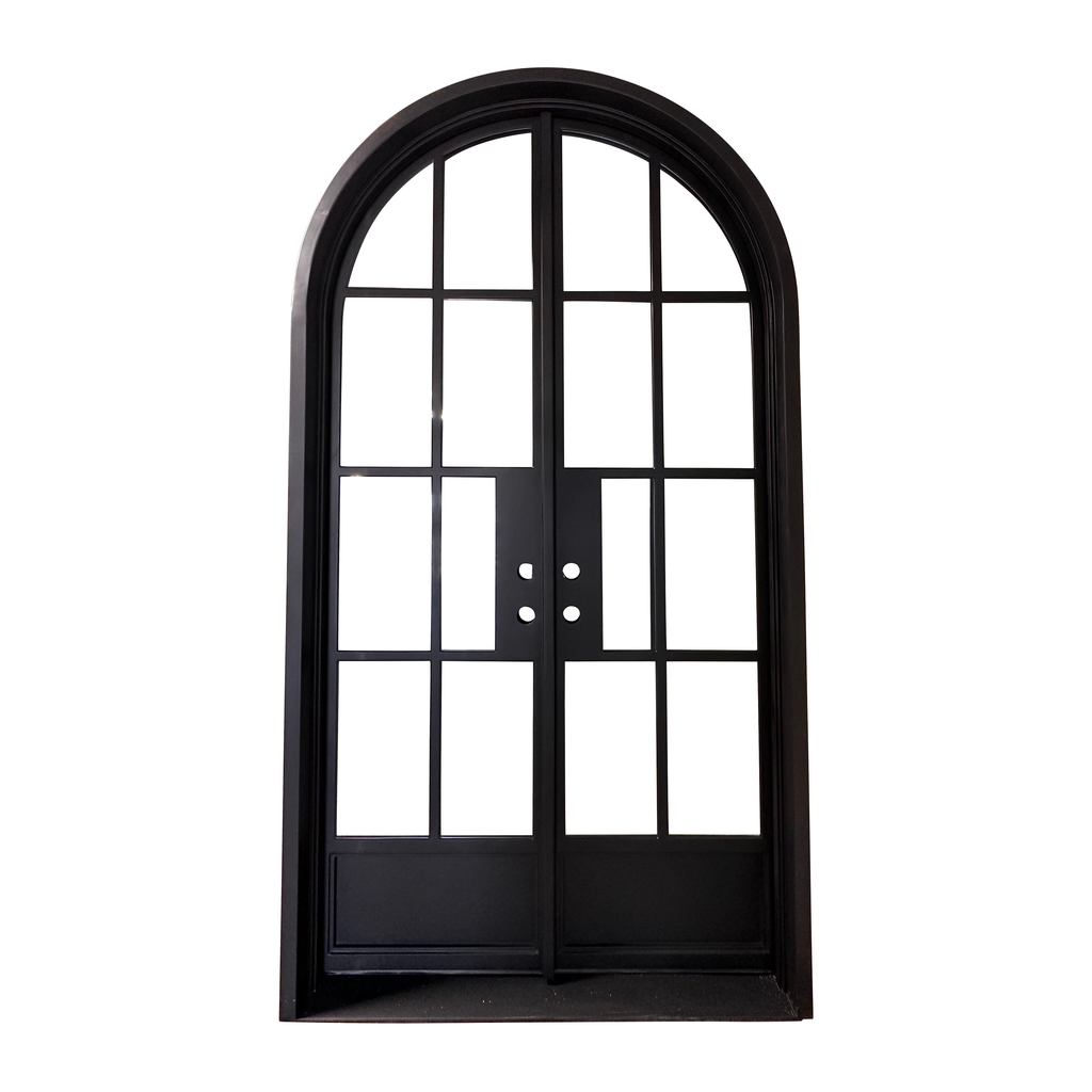 Exterior Iron Door, 6 Inch Jamb, Matte Black Door with Frame, 8 Lite over 2 Panel, Double Door, Clear Glass, Arch Door