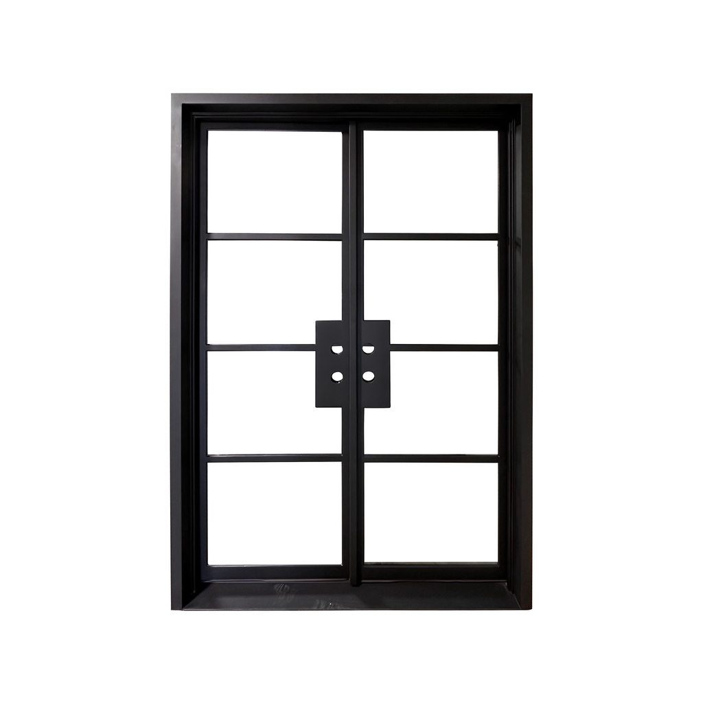 Exterior Iron Door, 8 Lite, Full View Double Door, Matte Black Door and Frame, Clear, Low E Glass, 6 inch Jamb