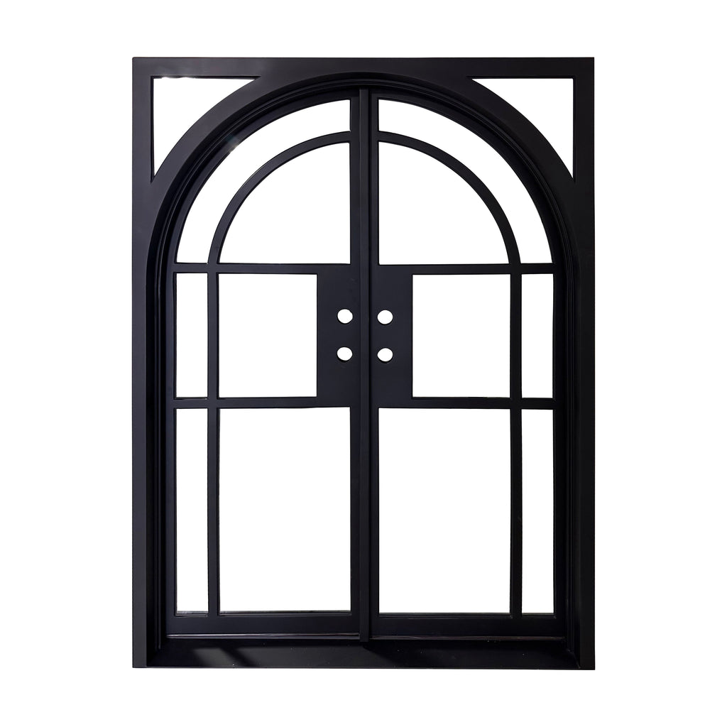 Double Exterior Iron Door, Matte Black Door and Frame, Full View, 6 Lite Wide Arch with Square 2 Lite Frame, 6 inch Jamb, Clear, Low E Glass