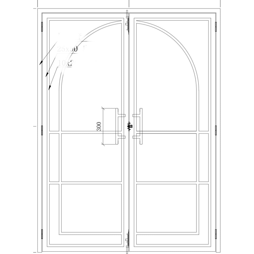 8 Lite, Interior Iron Double Door, Swing Open, Clear, Tempered Glass, No Lock, Door handles and Frame, Black, Full View, CAD