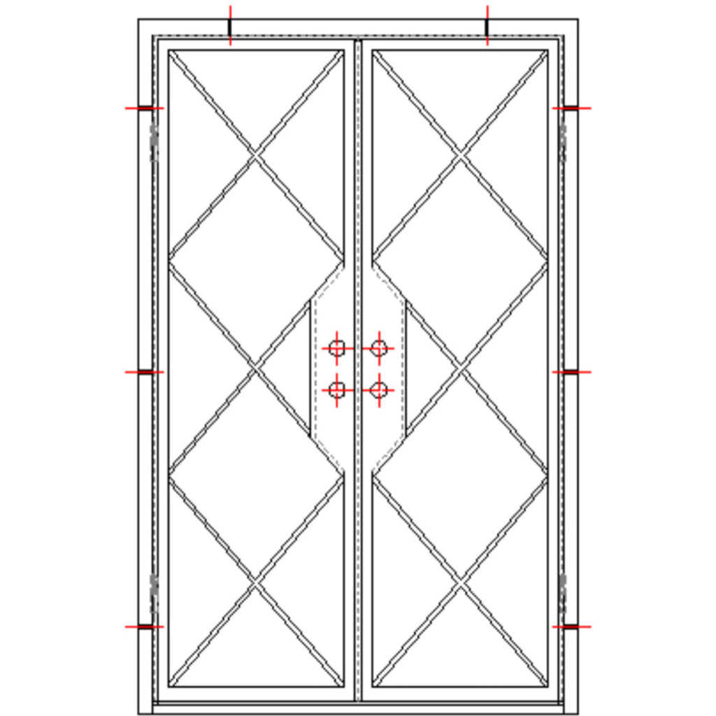 Double Door, Exterior iron, Criss Cross Iron Design, Full View, Flemish, Low E Glass, Matte Black Door and Frame, 6 inch Jamb, CAD