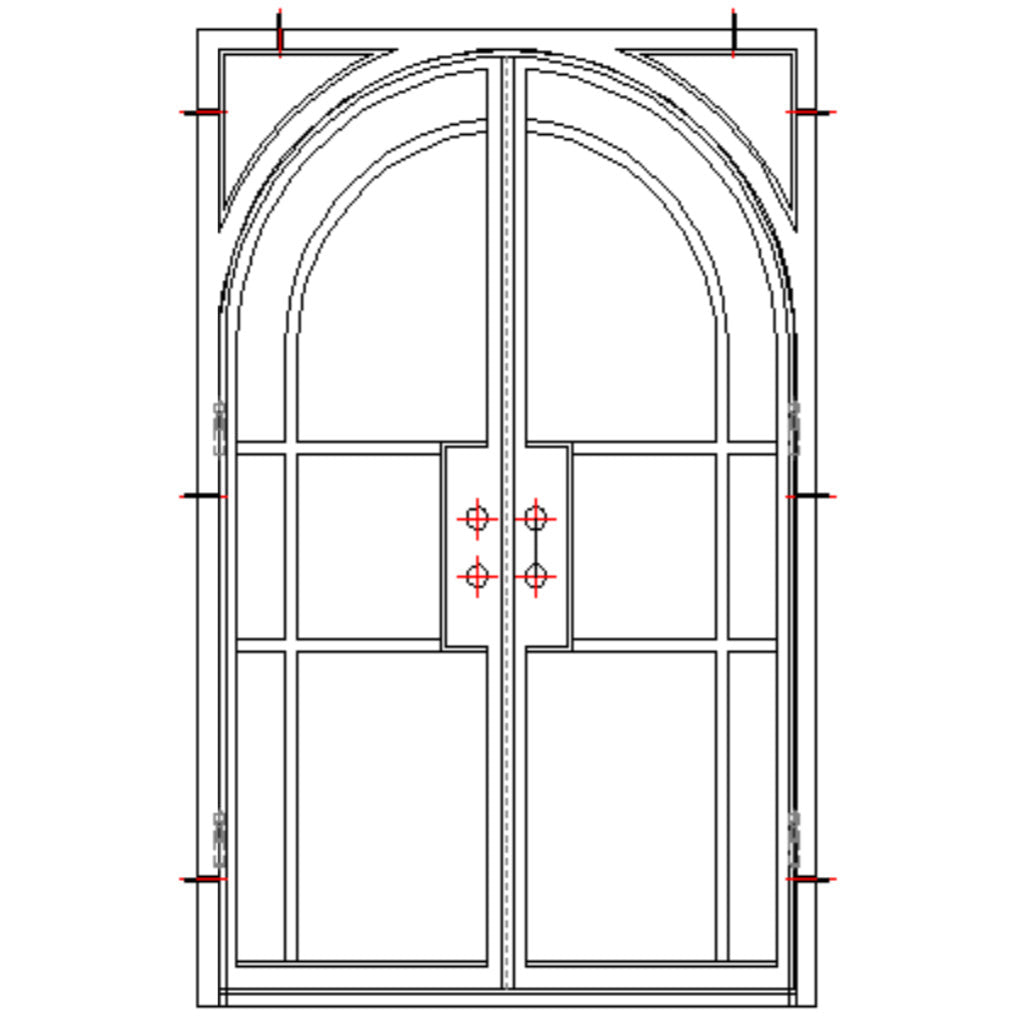 Double Exterior Iron Door, Matte Black Door and Frame, Full View, 6 Lite Wide Arch with Square 2 Lite Frame, 6 inch Jamb, Clear, Low E Glass, CAD