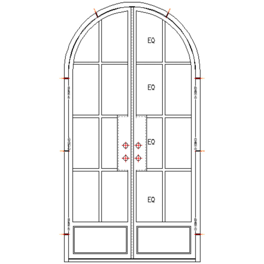 Exterior Iron Door, 6 Inch Jamb, Matte Black Door with Frame, 8 Lite over 2 Panel, Double Door, Clear Glass, Arch Door, CAD