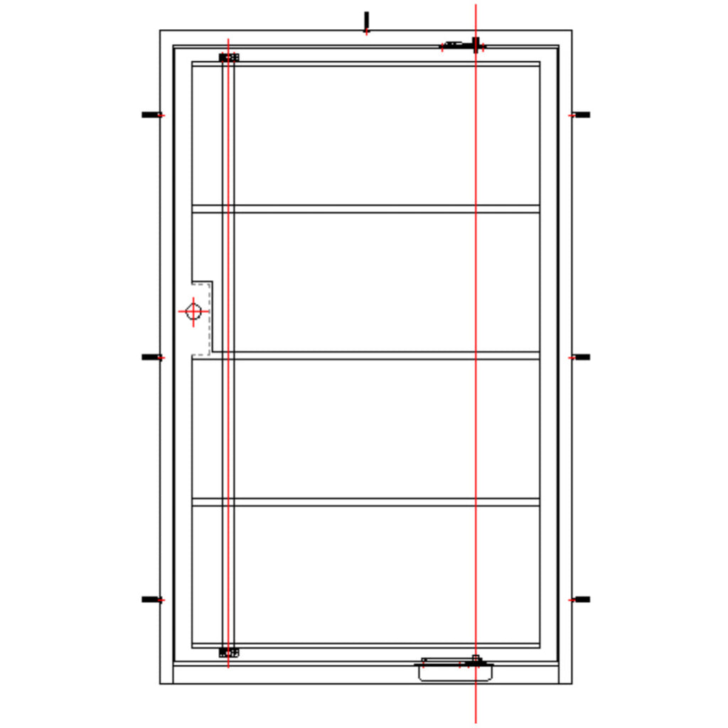 Pivot Iron Door, Double Pane, Low E, Matte Black, Long Handle, 4 Lite, Tempered Glass, Polyurethane Insulated, CAD