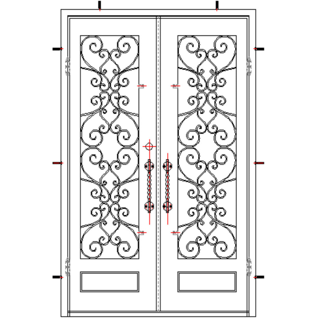 Double Exterior Iron Door, Ornate Iron Design, One Lite over Single Panel, Matte Black Door and Frame and Handles, Flemish and Low E Glass, 6 inch Jamb, CAD