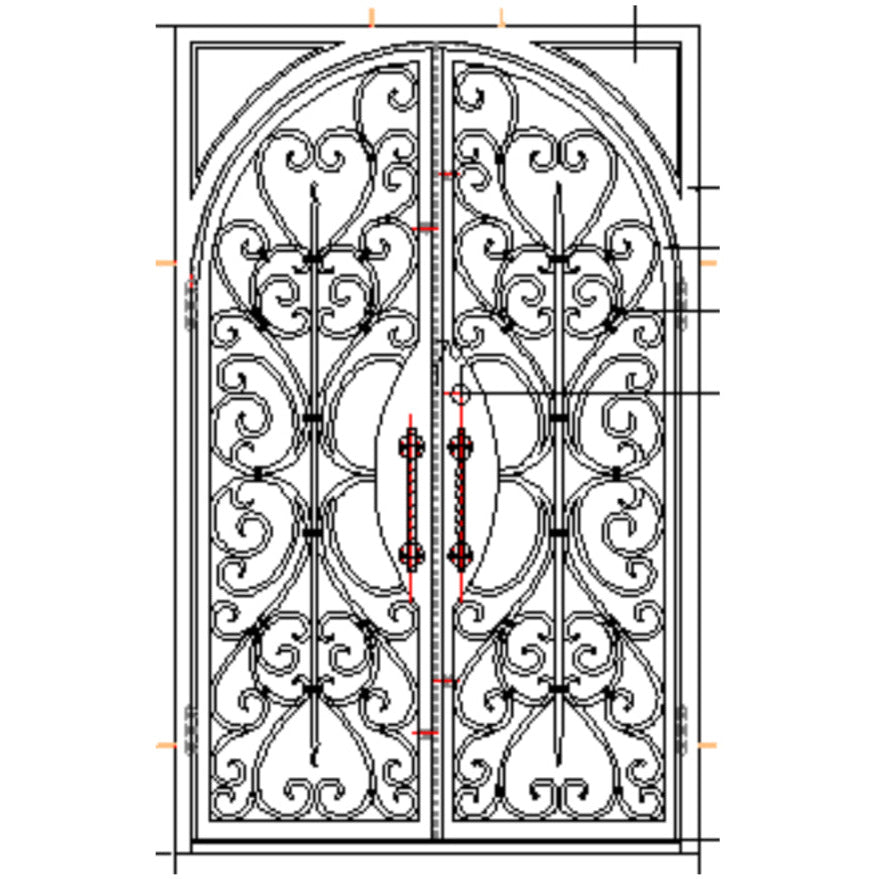 Double Exterior Iron Door, Operable Glass, Arch Door with Square Frame, Ornate Iron Design, Oil Rubbed Bronze, Low E, Clear Glass, 6 inch Jamb, Full View, CAD