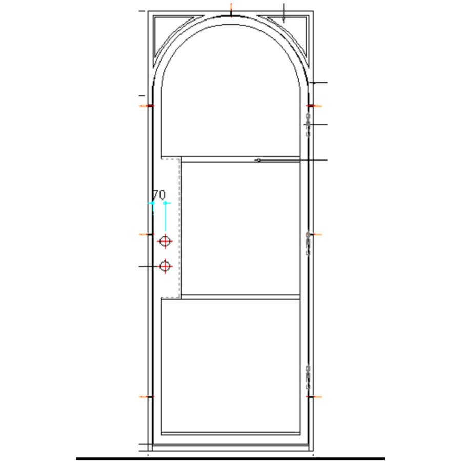 Single Exterior Iron Door, Arch with Square Frame, 3 Lite, Matte Black Door and Frame, Clear Glass, Tempered, Low E, 6 inch Jamb, CAD