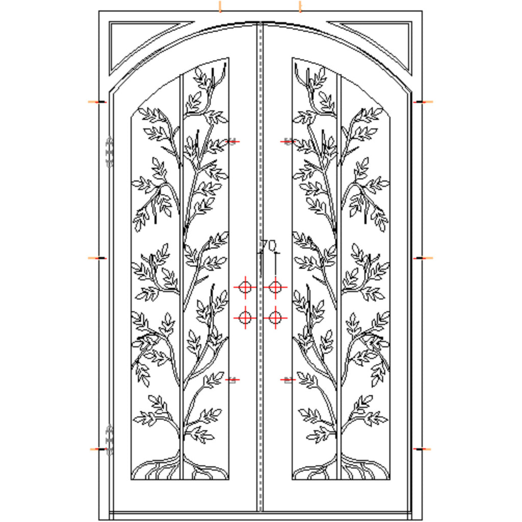 Exterior Iron Door and Frame, Iron on Outside, Operable Glass, Oil Rubbed Bronze, Polyurethane Foam Insulated, with Iron Handles, Double Door Arch with Square Frame, Tempered Glass, 6 inch Jambs, Leafy Tree Design with Iron, CAD