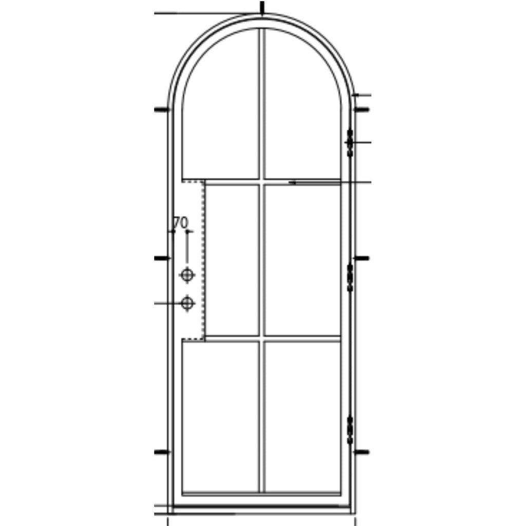 Single Door, Iron, Matte Black, 6 Lite, Half Round Arch, Low E, Tempered Glass, Polyurethane Foam Insulated, 6 Inch Jambs, Clear Glass, CAD