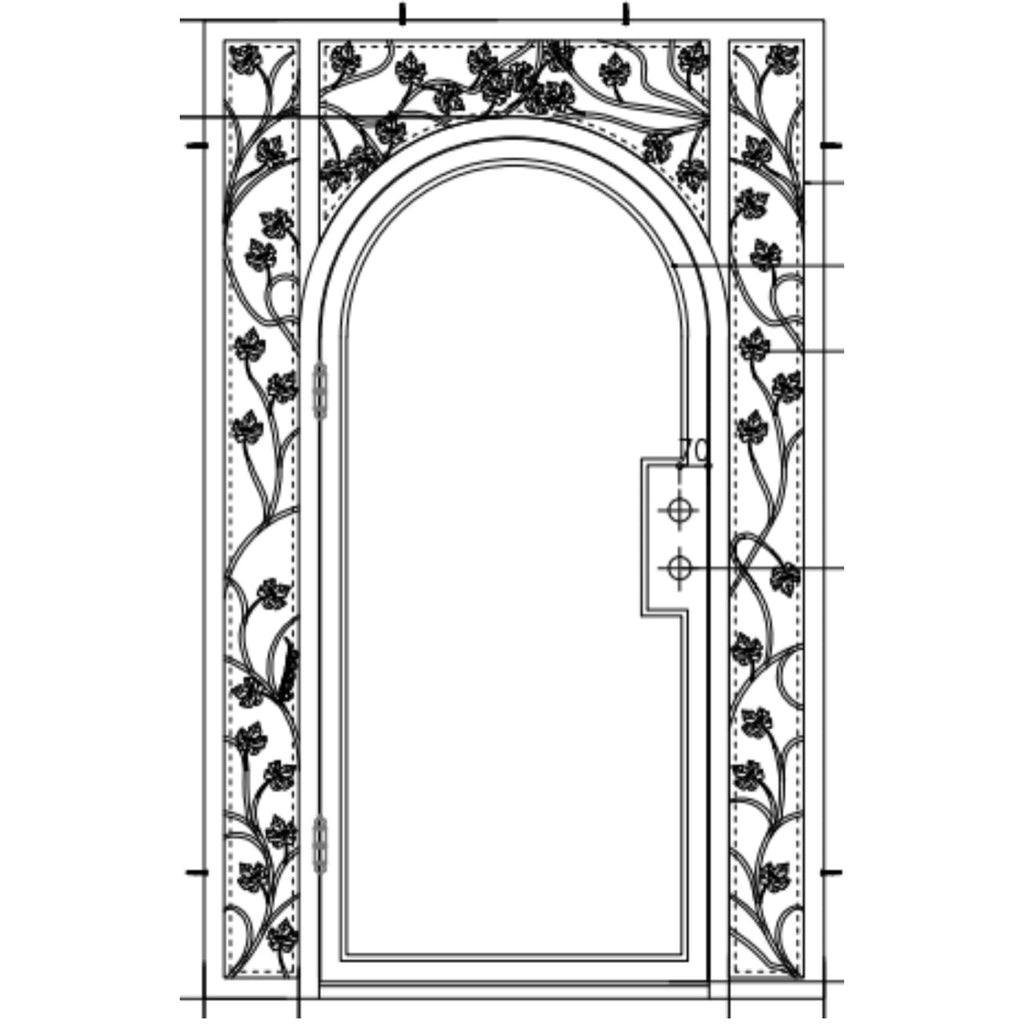 Single Iron Door, Side Lights, Rain Glass, Leafy Ornate Design, Low E, Double Pane, Matte Black Door and Frame, CAD