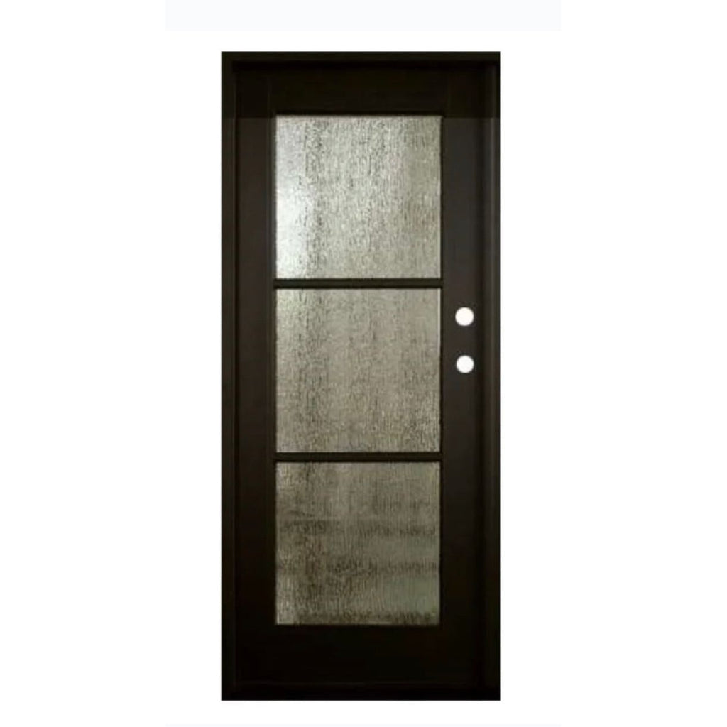 Single Fiberglass Door, 3 Lite, Clear, Low E Glass, Rain Glass, 4 inch Jamb, Full View