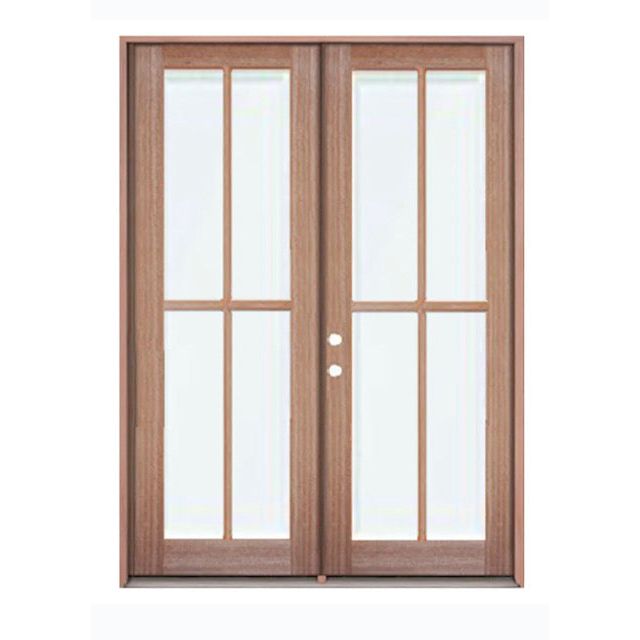 Prefinished Mahogany Door and Frame, Double Door, Full View, 4 Lite, Clear Glass, Beveled Glass, 4 inch Jamb, Low E