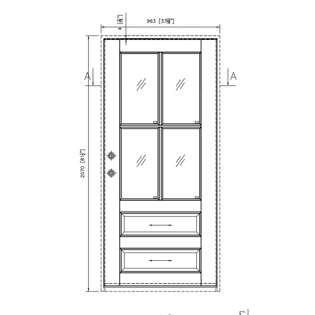 Mahogany Wood Door with Frame, Beveled Glass, Single Door, 4 Lite Over 2 Panel, 4 inch Jamb, Prefinished, CAD