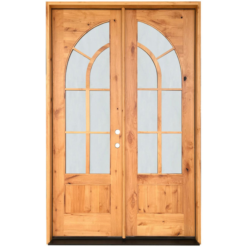 Prefinished Alder Wood Door, Beveled Glass, Double Door, 7 Lite over single Panel, Swing Open, Low E Glass, Wood Door and Frame, Natural Finish, 4 inch Jamb