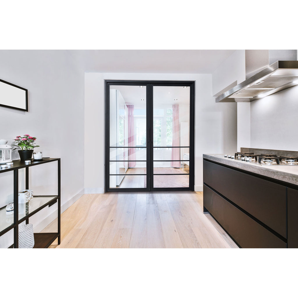 Interior Use Only, Iron Door with frame Included, Double Door, 8 Lite, No Lock, Clear Tempered Glass, Black Door and Frame, Single Pane, Doors Close in Kitchen, See through Clear Glass into Room